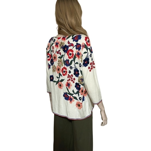 Talbots Sweater Vivid Floral Print Bracelet length Sleeve Boat neck Pullover - Picture 6 of 13